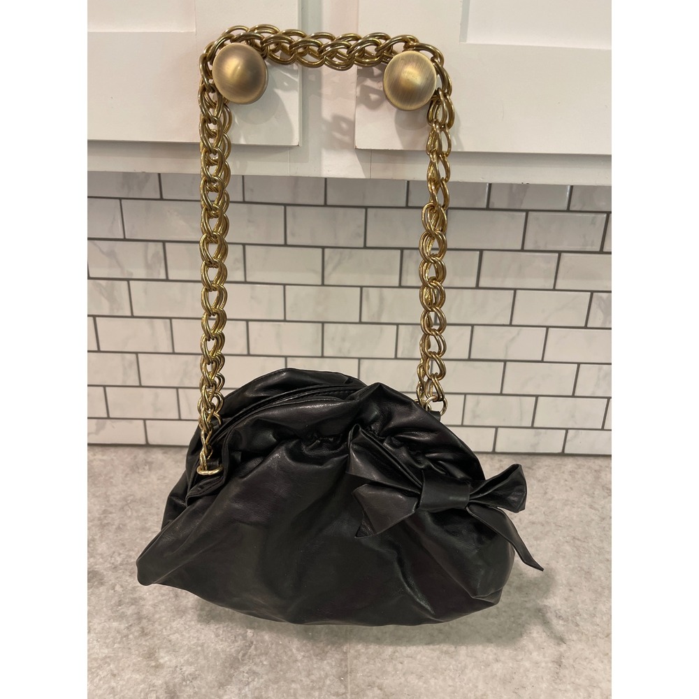 Metro 7 Shoulder Bag Womens Medium Black M7-27027 Faux Leather Bow Gold Chain